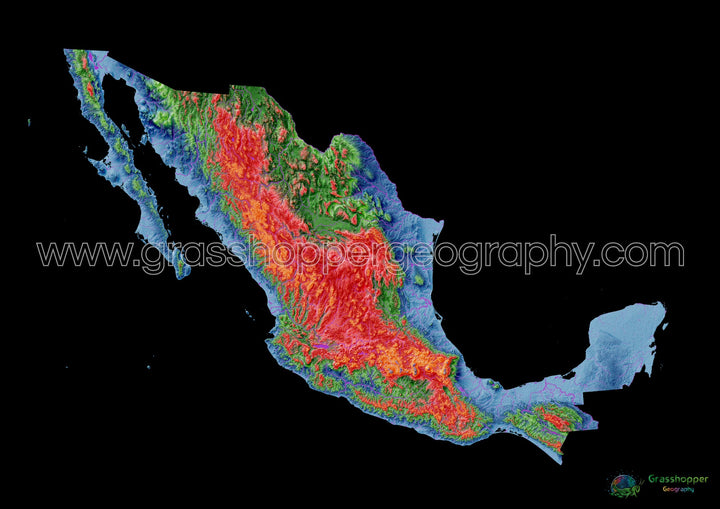 Elevation map of Mexico with black background - Fine Art Print