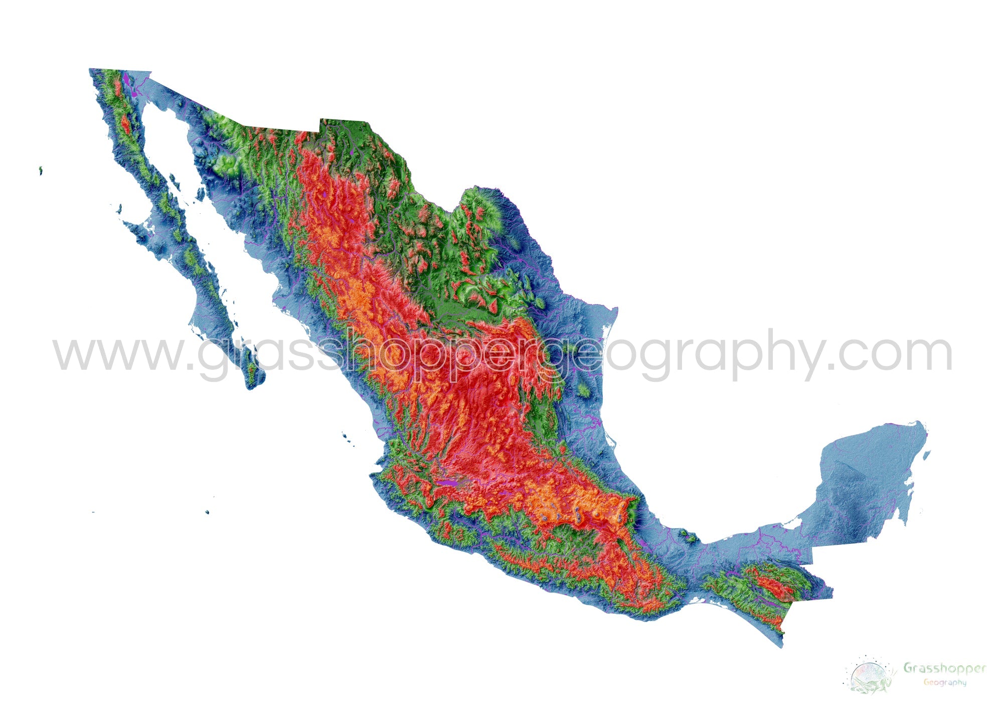 Mexico Physical Map Elevation Map Of Mexico With White Background Fine Art Print By Grasshopper Geography Licensable 4 
