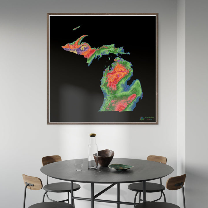 Elevation map of Michigan with black background - Fine Art Print