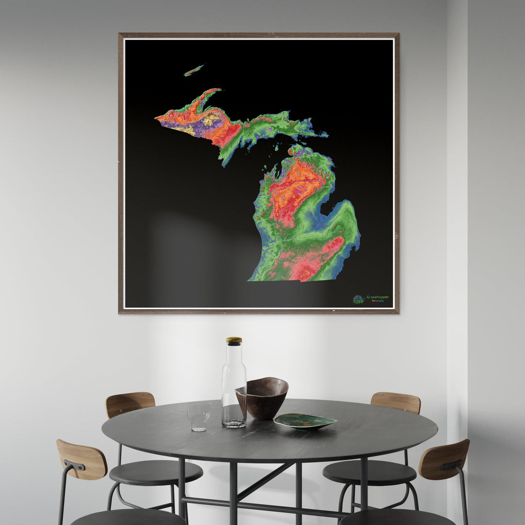 Michigan - Mapa de elevación, negro - Impresión de bellas artes