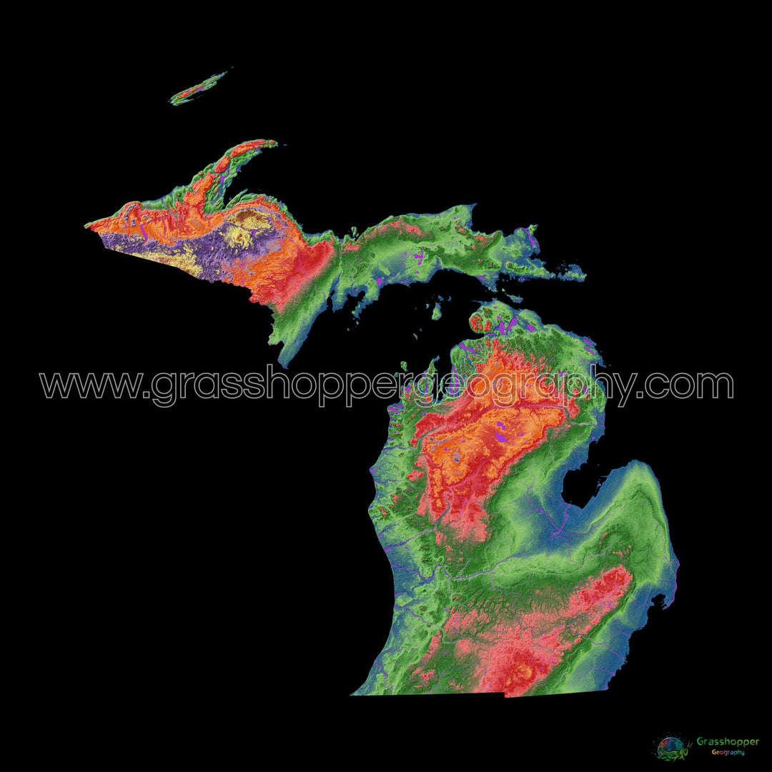Michigan - Mapa de elevación, negro - Impresión de bellas artes