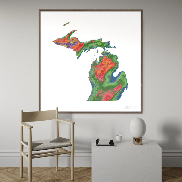 Elevation map of Michigan with white background 48x48 - Fine Art Print
