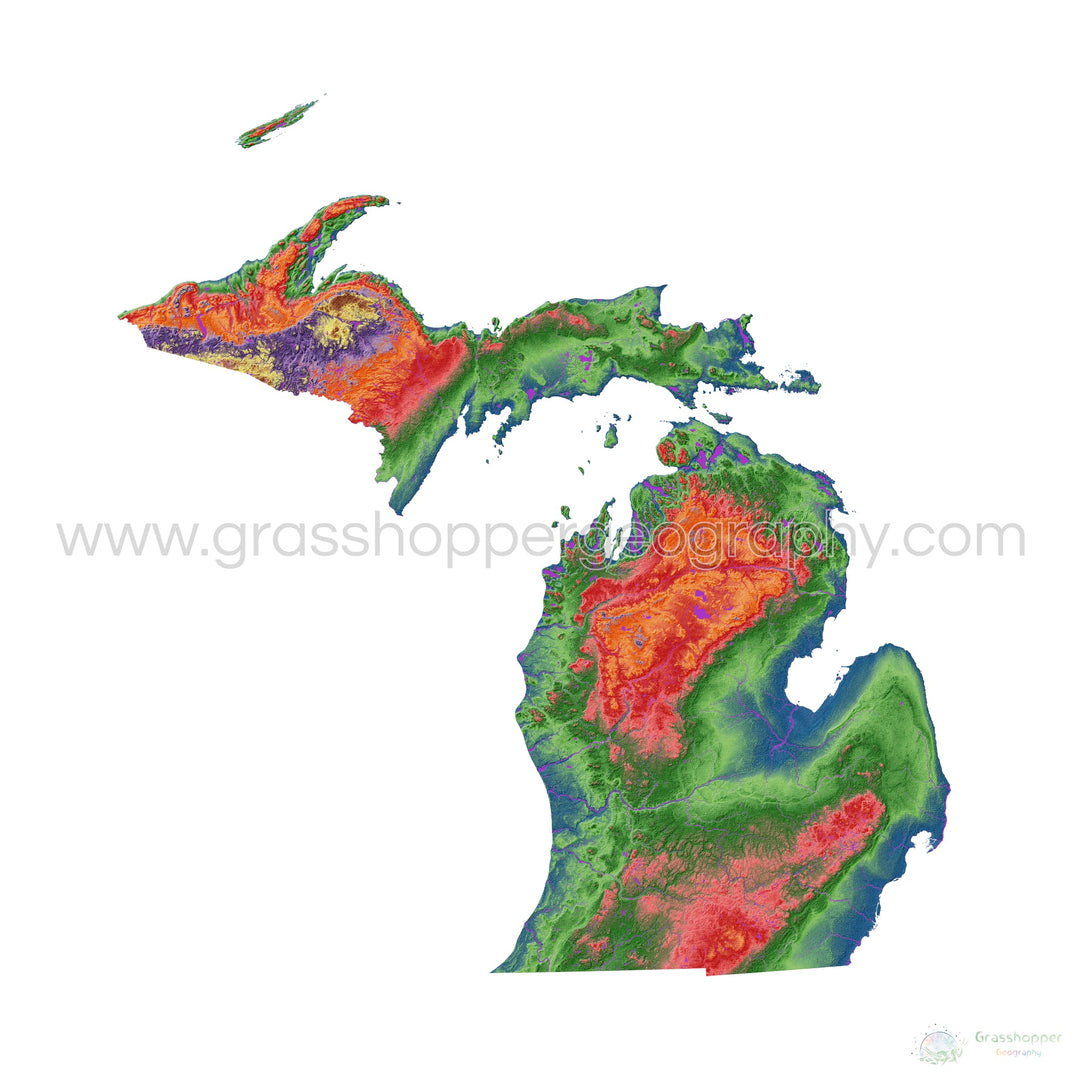 Michigan - Mapa de elevación, blanco 48x48 - Impresión de bellas artes