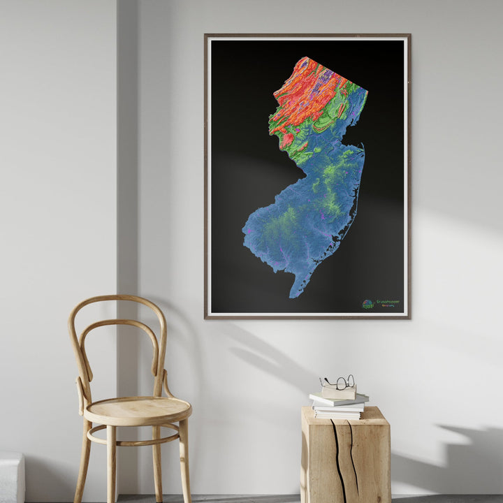 Elevation map of New Jersey with black background - Fine Art Print