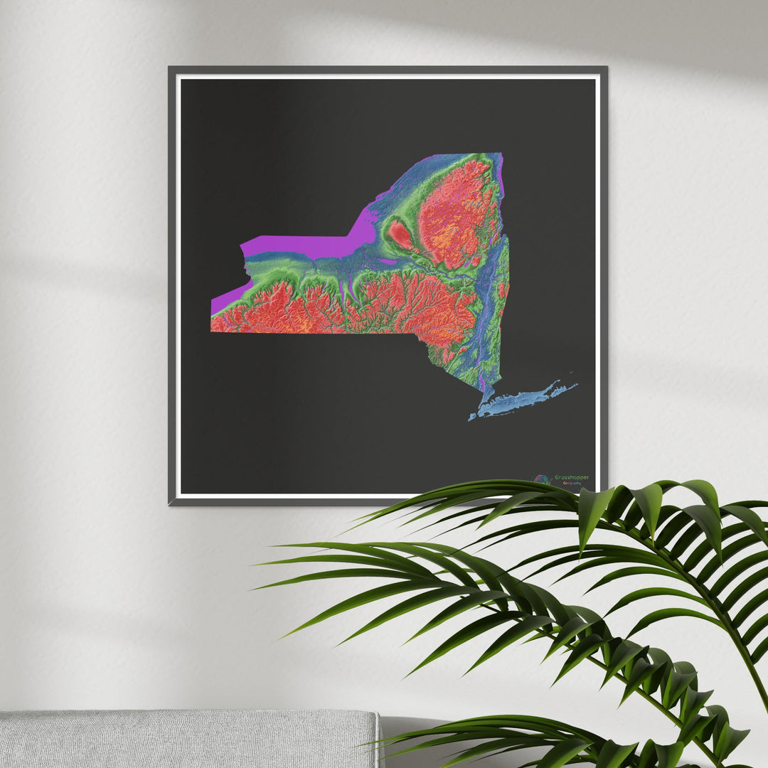 Nueva York - Mapa de elevación, negro - Impresión de Bellas Artes