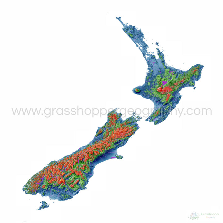 New Zealand - Elevation map, white - Fine Art Print