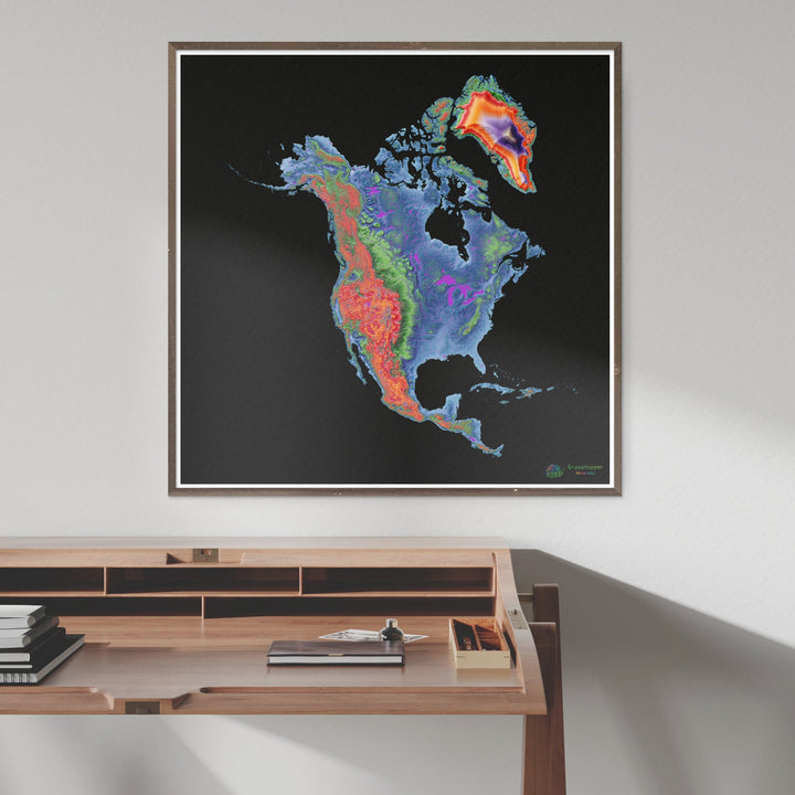 Elevation map of North America with black background - Fine Art Print