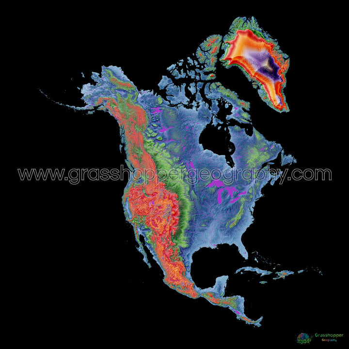 Elevation map of North America with black background - Fine Art Print