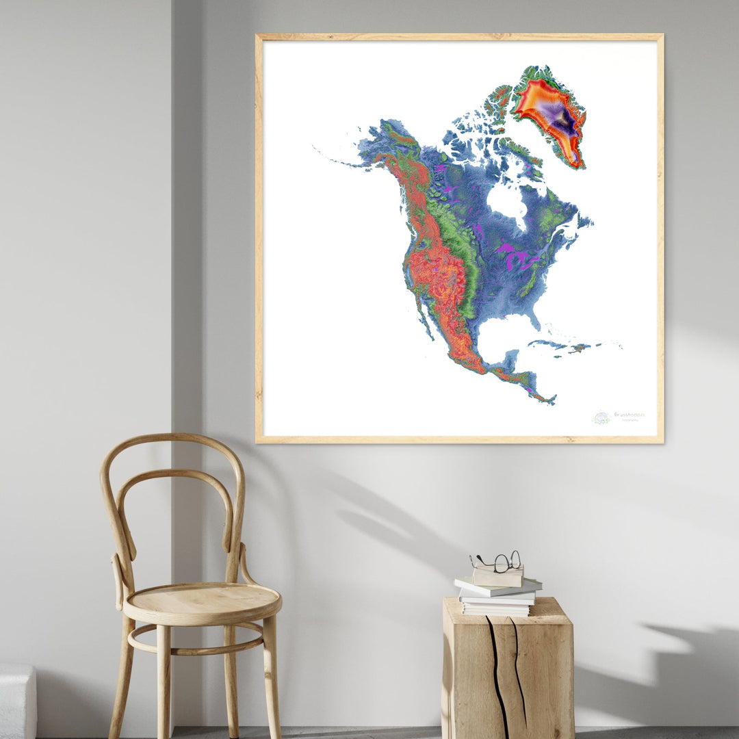 Amérique du Nord - Carte d'élévation, blanc - Tirage d'art