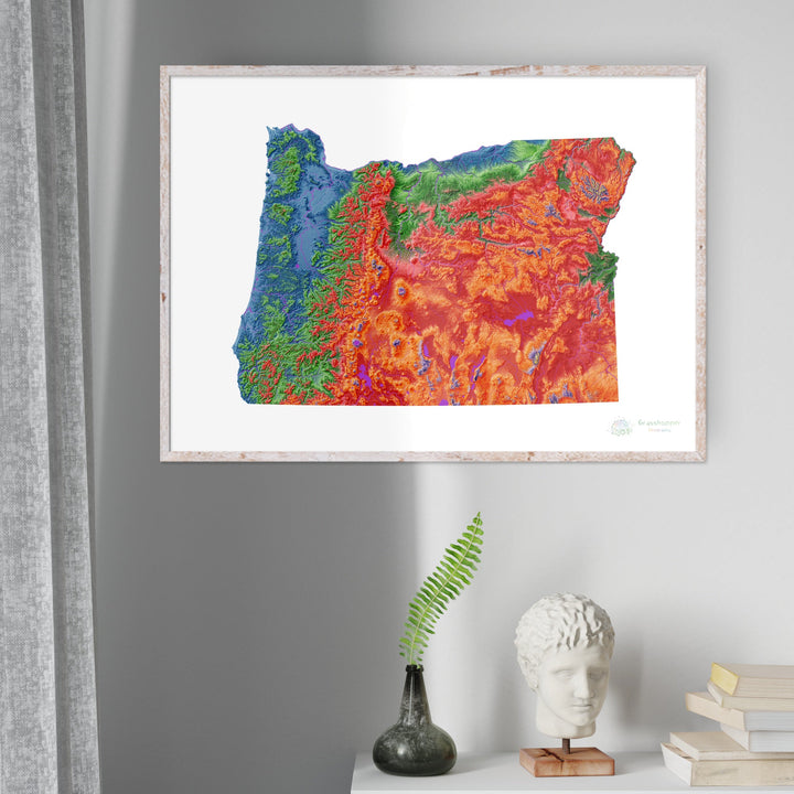Oregón - Mapa de elevación, blanco - Impresión de bellas artes