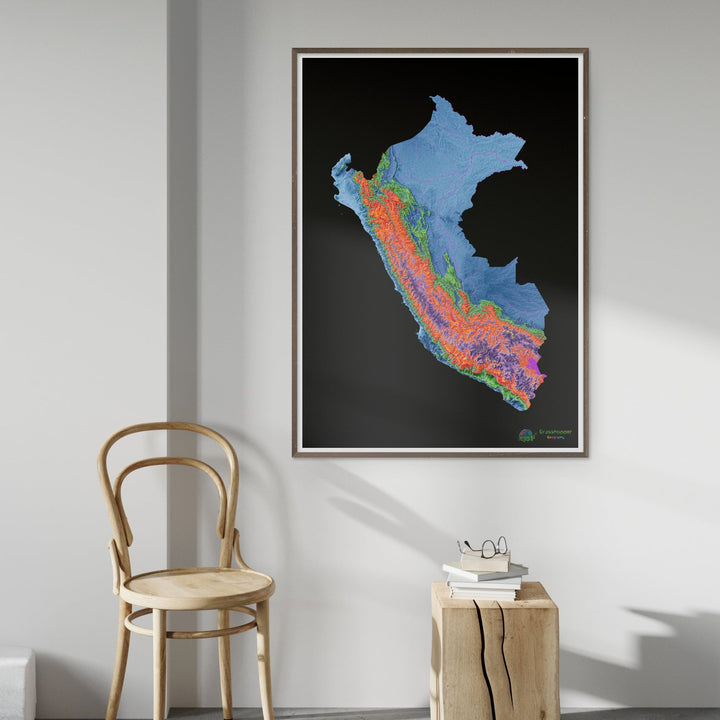 Перу - Карта высот, черная - Fine Art Print
