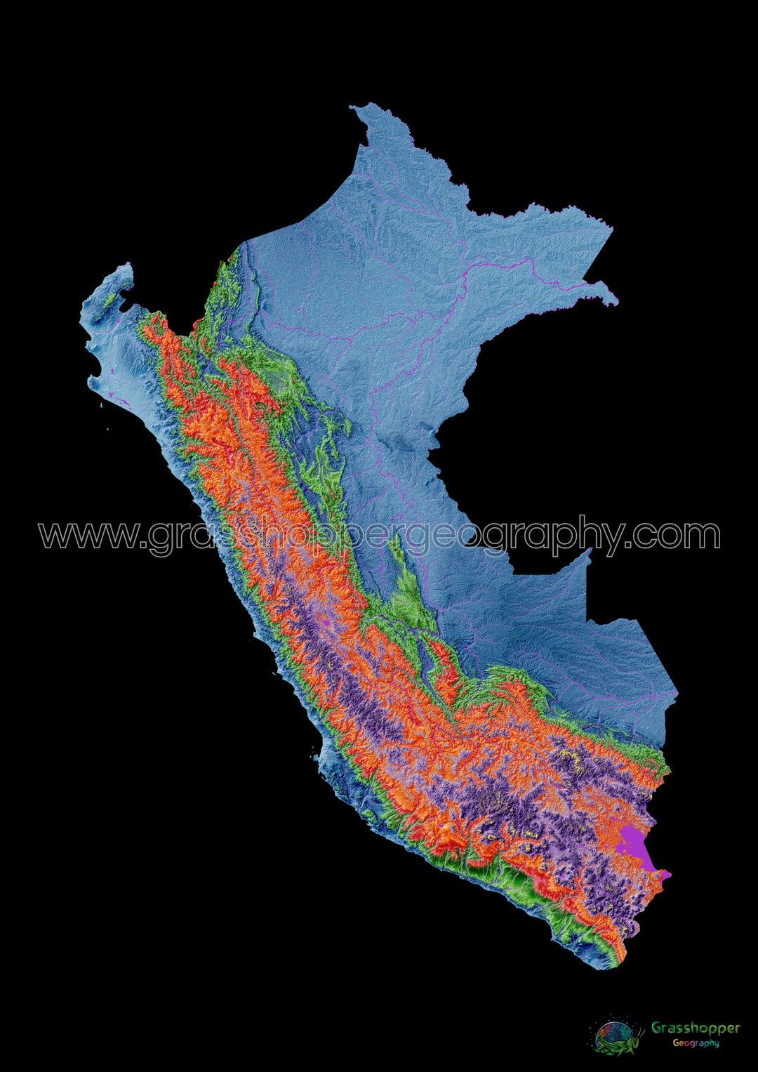 Perú - Mapa de elevación, negro - Impresión de Bellas Artes