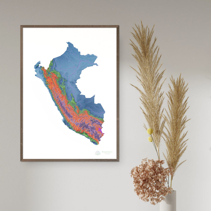 Перу - Карта высот, белая - Fine Art Print