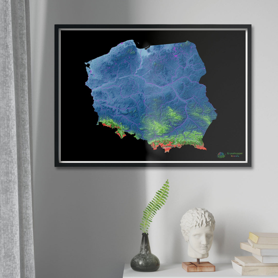 Elevation map of Poland with black background - Fine Art Print