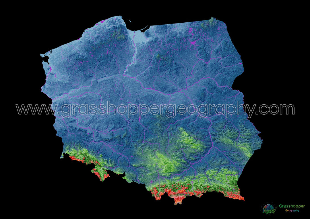 Elevation map of Poland with black background - Fine Art Print