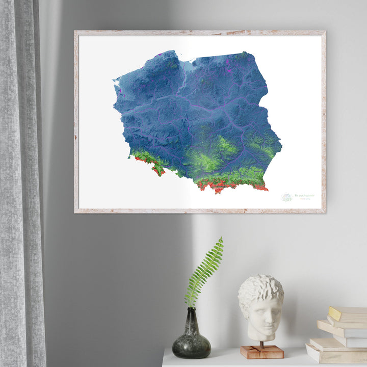 Polonia - Mapa de elevación, blanco - Impresión de Bellas Artes