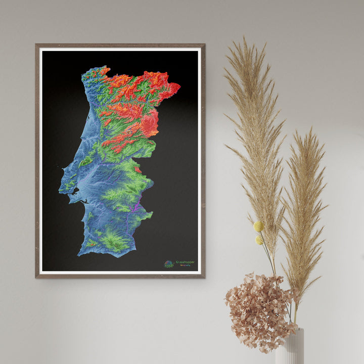 Elevation map of Portugal with black background - Fine Art Print