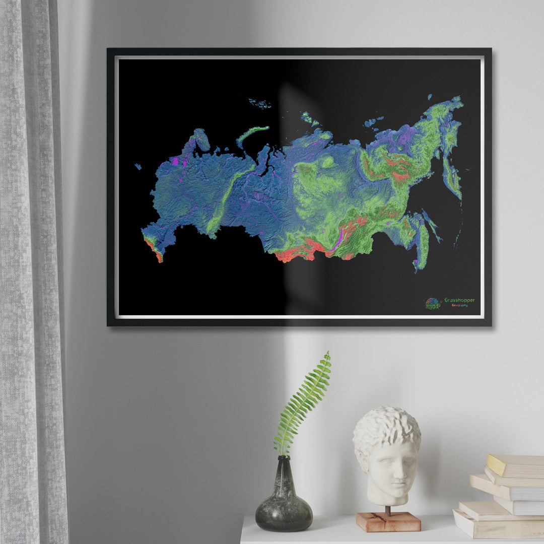 Rusia - Mapa de elevación, negro - Impresión de Bellas Artes