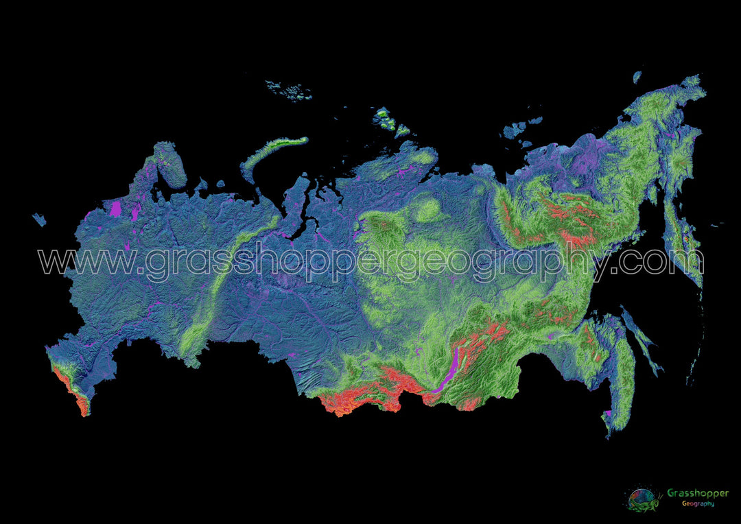 Elevation map of Russia with black background - Fine Art Print