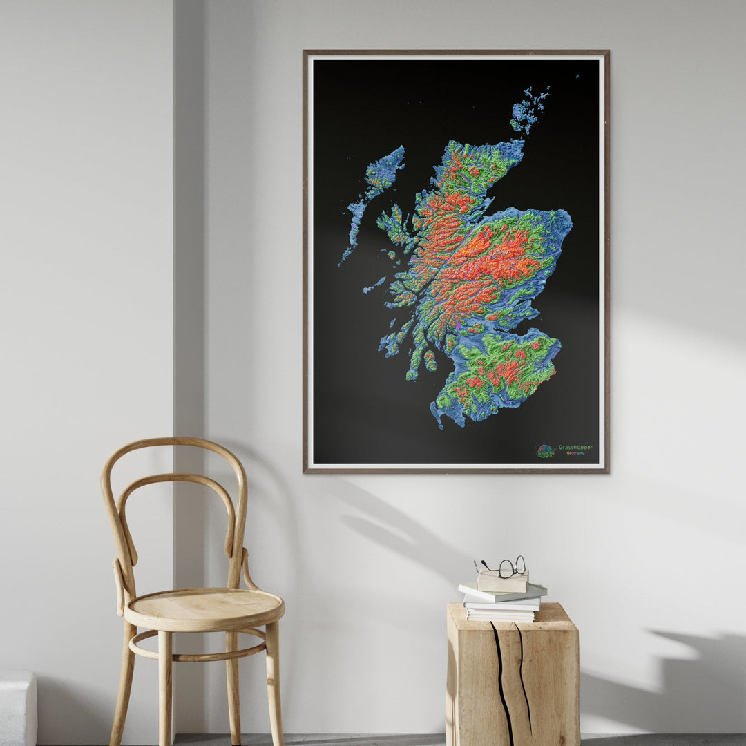 Elevation map of Scotland with black background - Fine Art Print