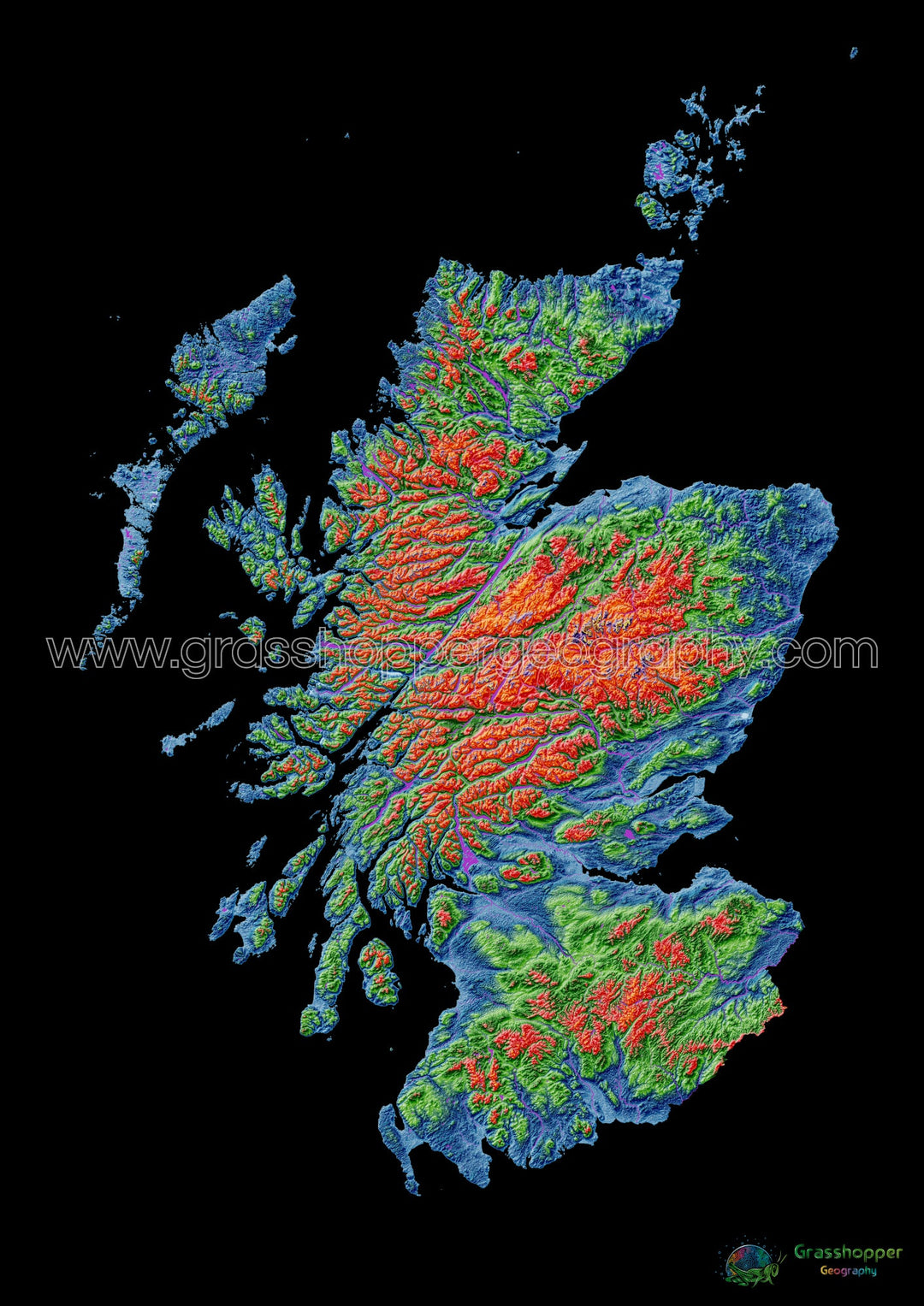 Escocia - Mapa de elevación, negro - Impresión de Bellas Artes