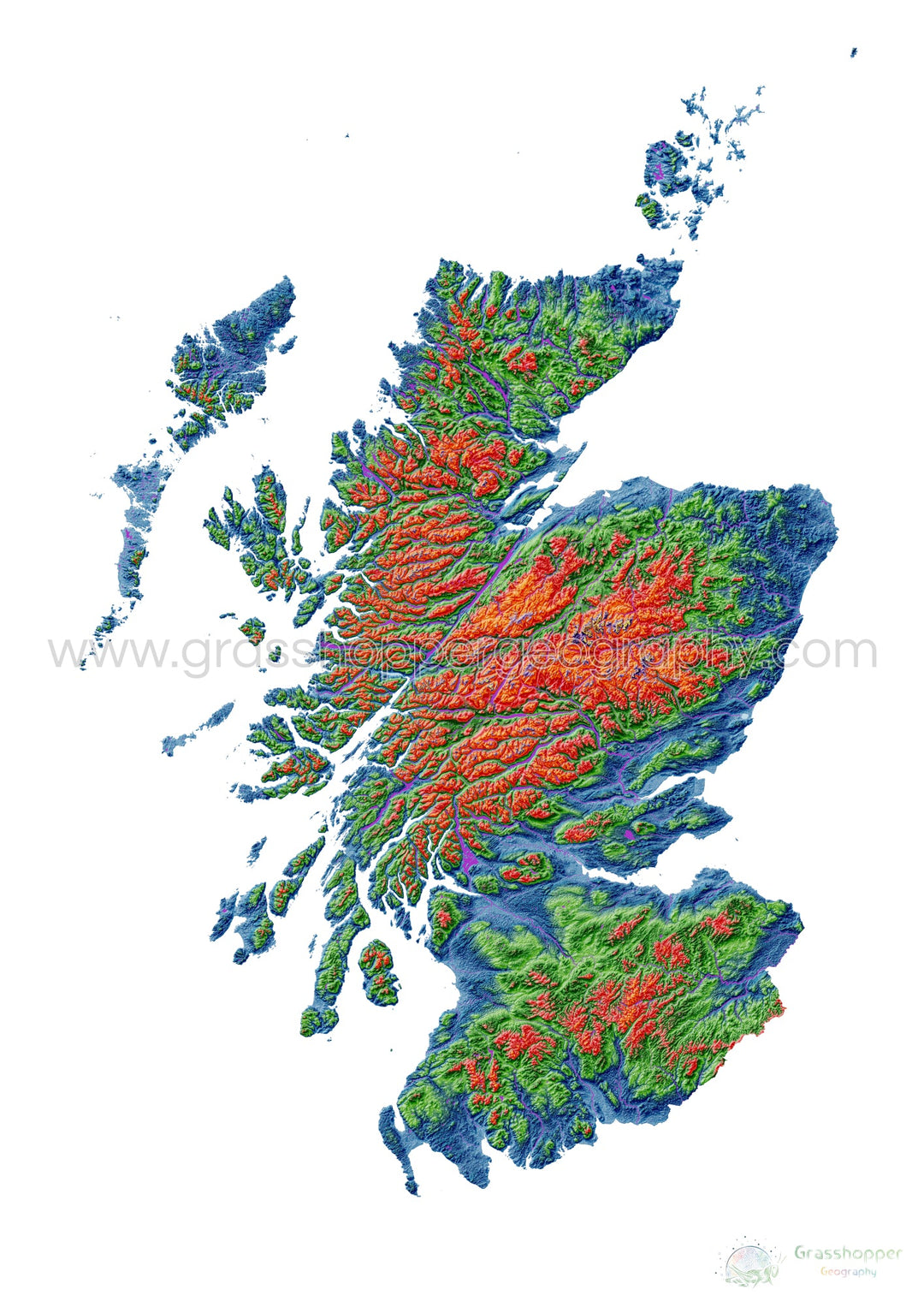 Escocia - Mapa de elevación, blanco - Impresión de Bellas Artes