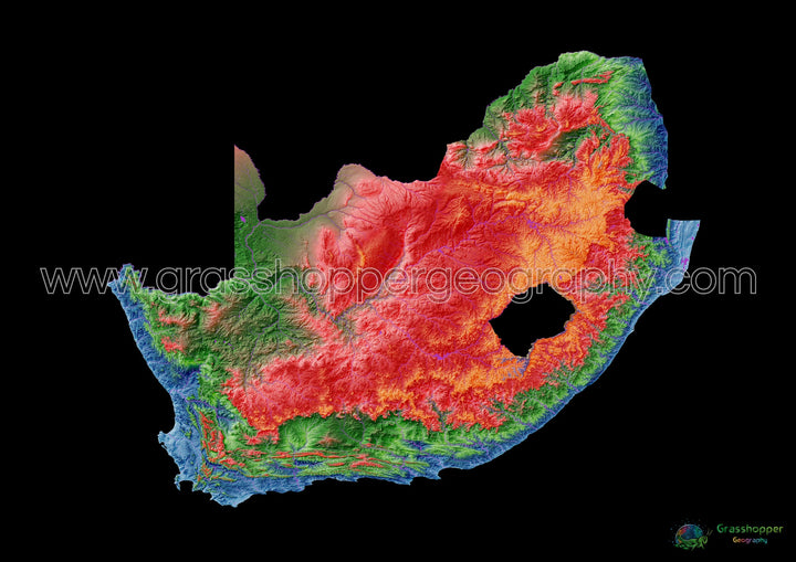 Elevation map of South Africa with black background - Fine Art Print