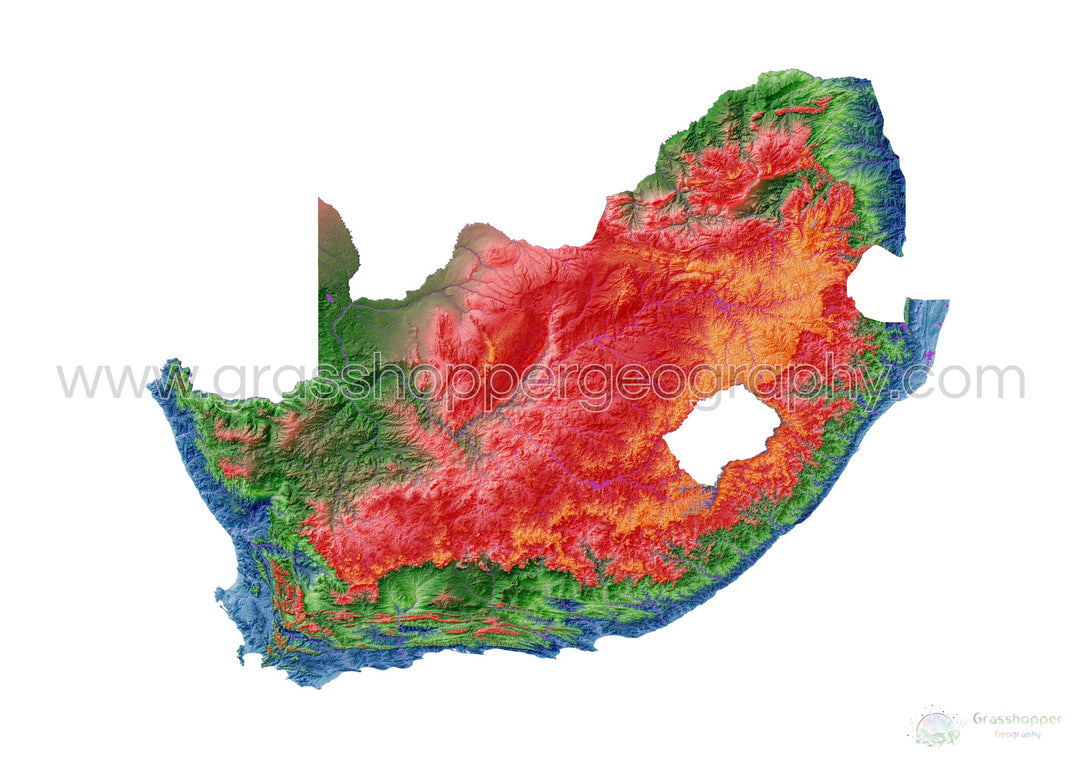 Sudáfrica - Mapa de elevación, blanco - Impresión de Bellas Artes