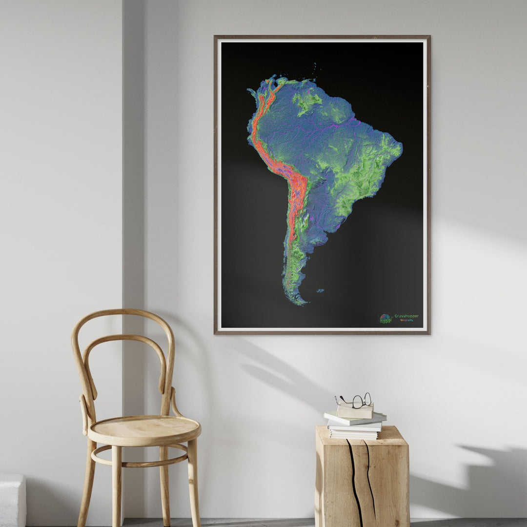 Elevation map of South America with black background - Fine Art Print