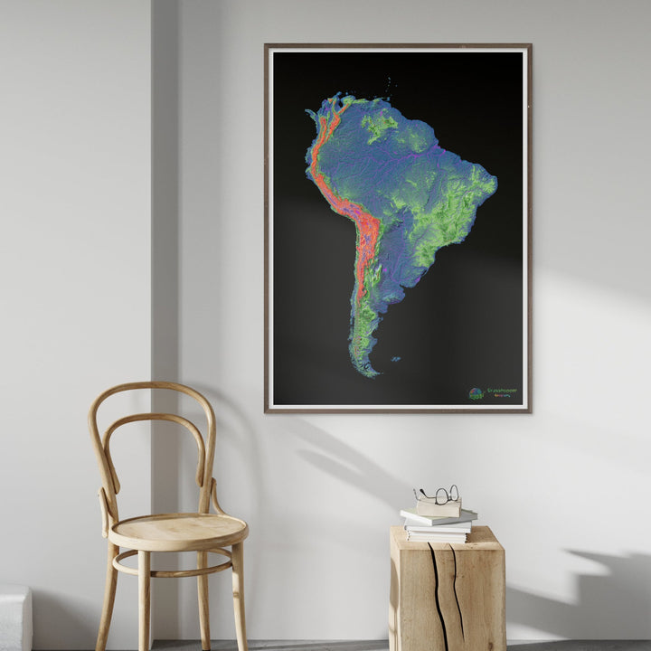 América do Sul - Mapa de elevação, preto - Impressão de belas artes