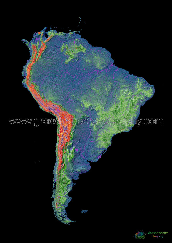 América do Sul - Mapa de elevação, preto - Impressão de belas artes