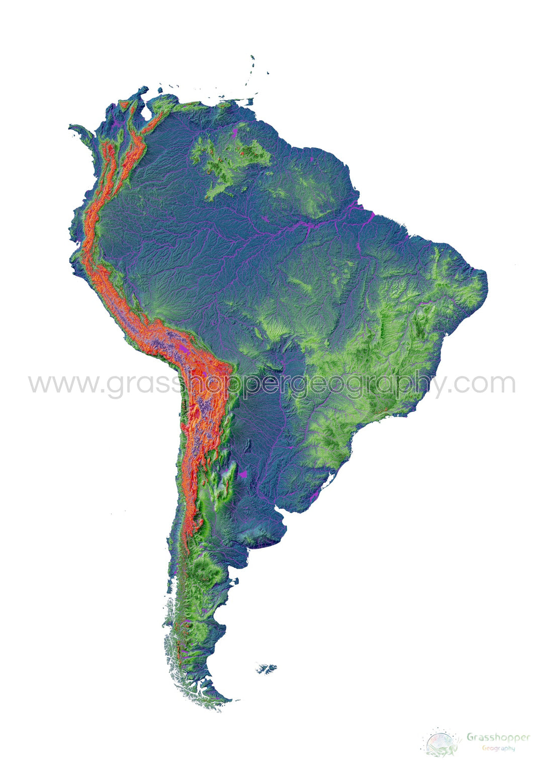 Elevation map of South America with white background - Fine Art Print