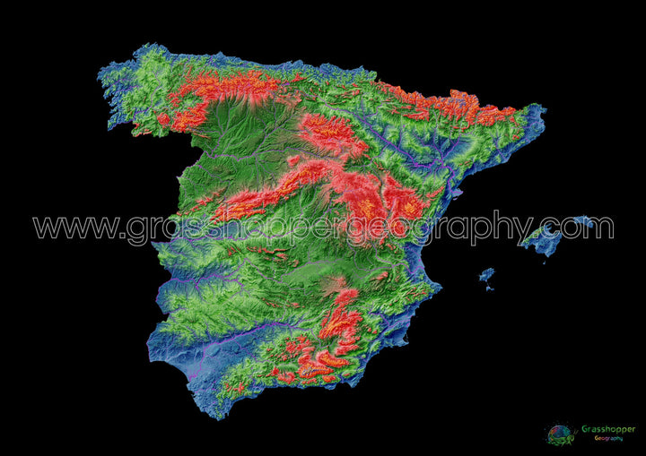 Elevation map of Spain with black background - Fine Art Print
