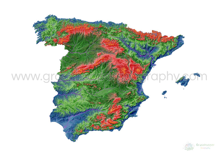 España - Mapa de elevación, blanco - Impresión de Bellas Artes