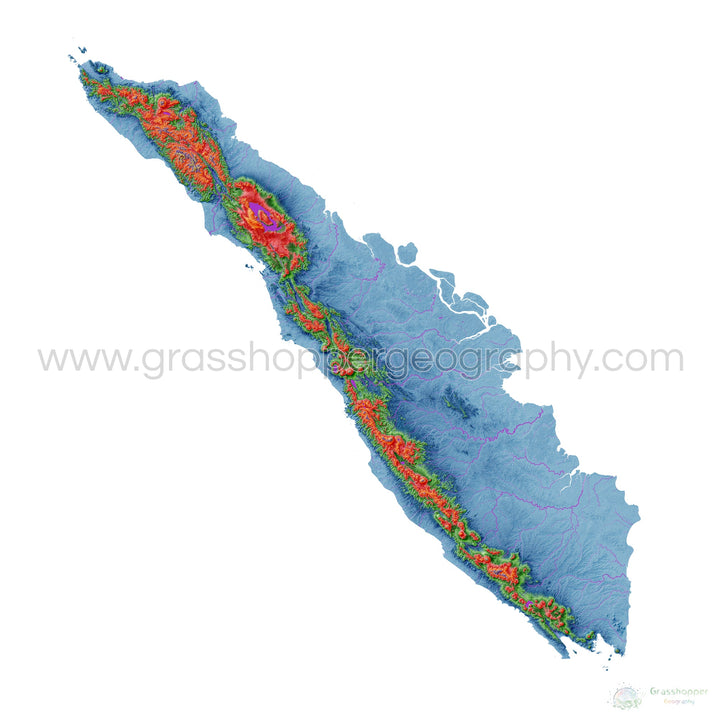 Elevation map of Sumatra with white background - Fine Art Print