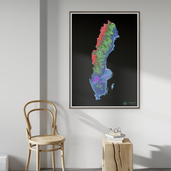 Elevation map of Sweden with black background - Fine Art Print