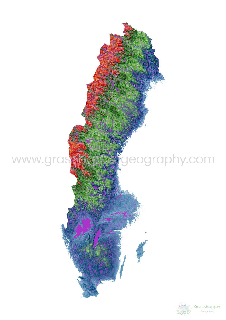 Elevation map of Sweden with white background - Fine Art Print