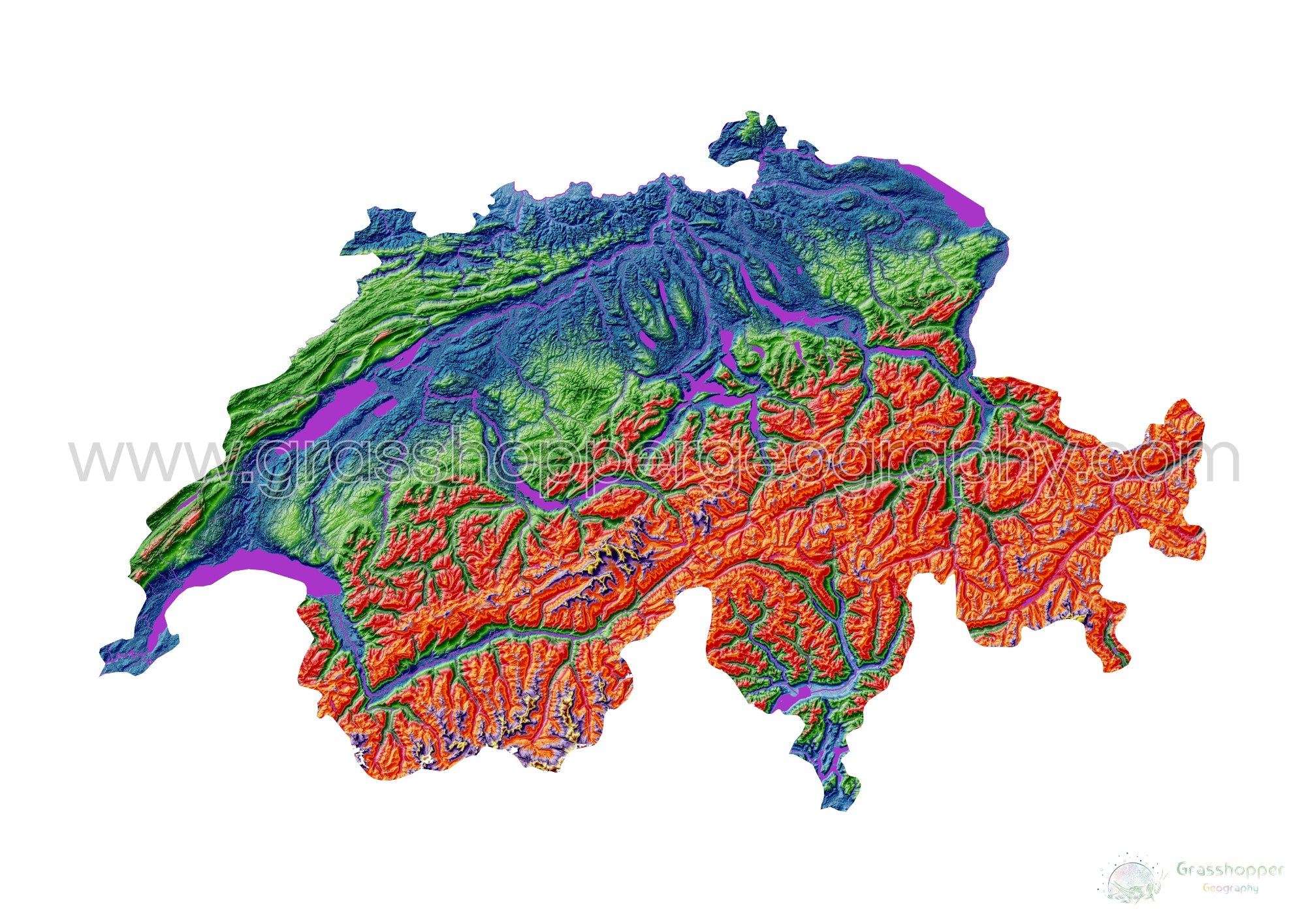 Switzerland Physical Map Elevation Map Of Switzerland With White Background Fine Art Print By Grasshopper Geography Licensable 4 
