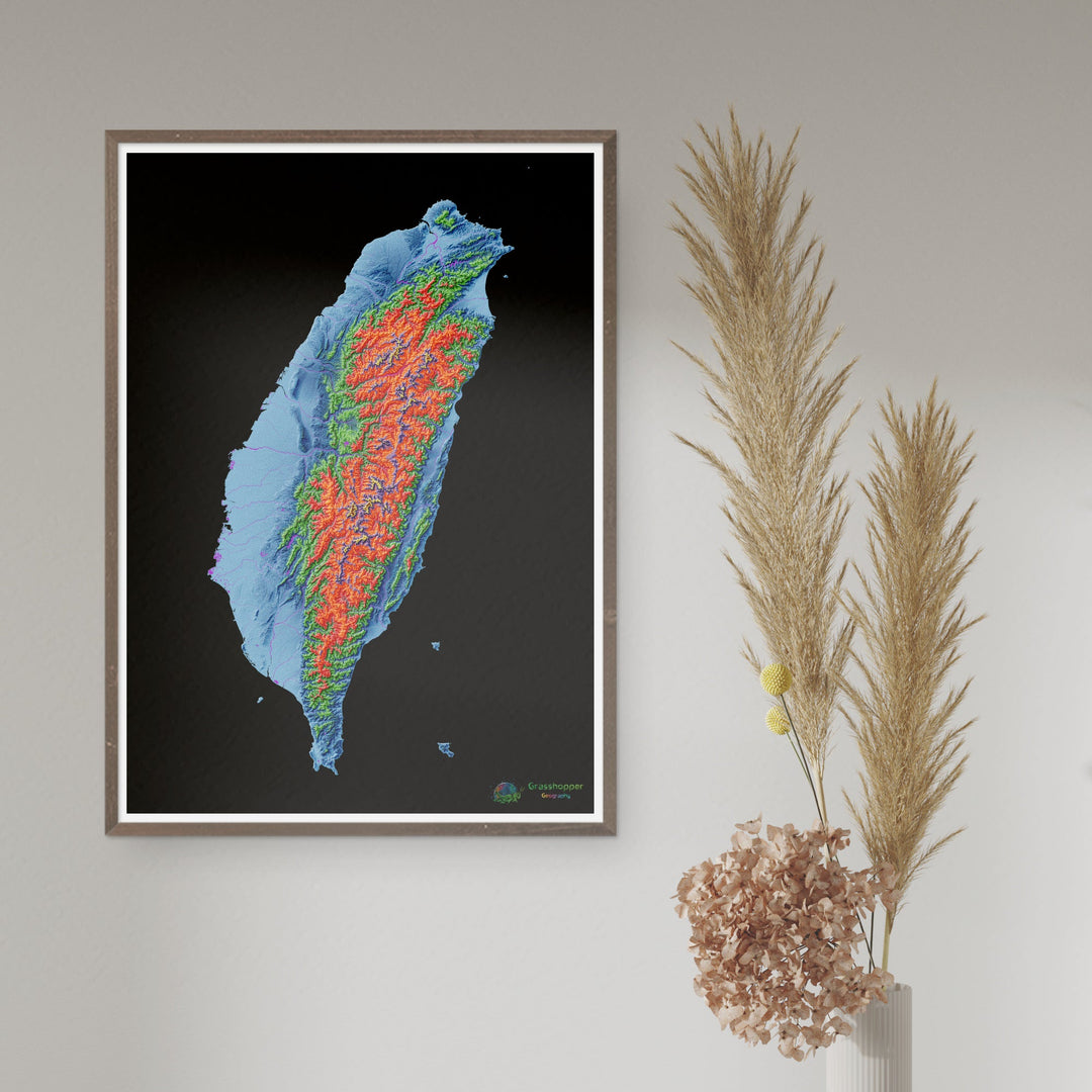 Elevation map of Taiwan with black background - Fine Art Print