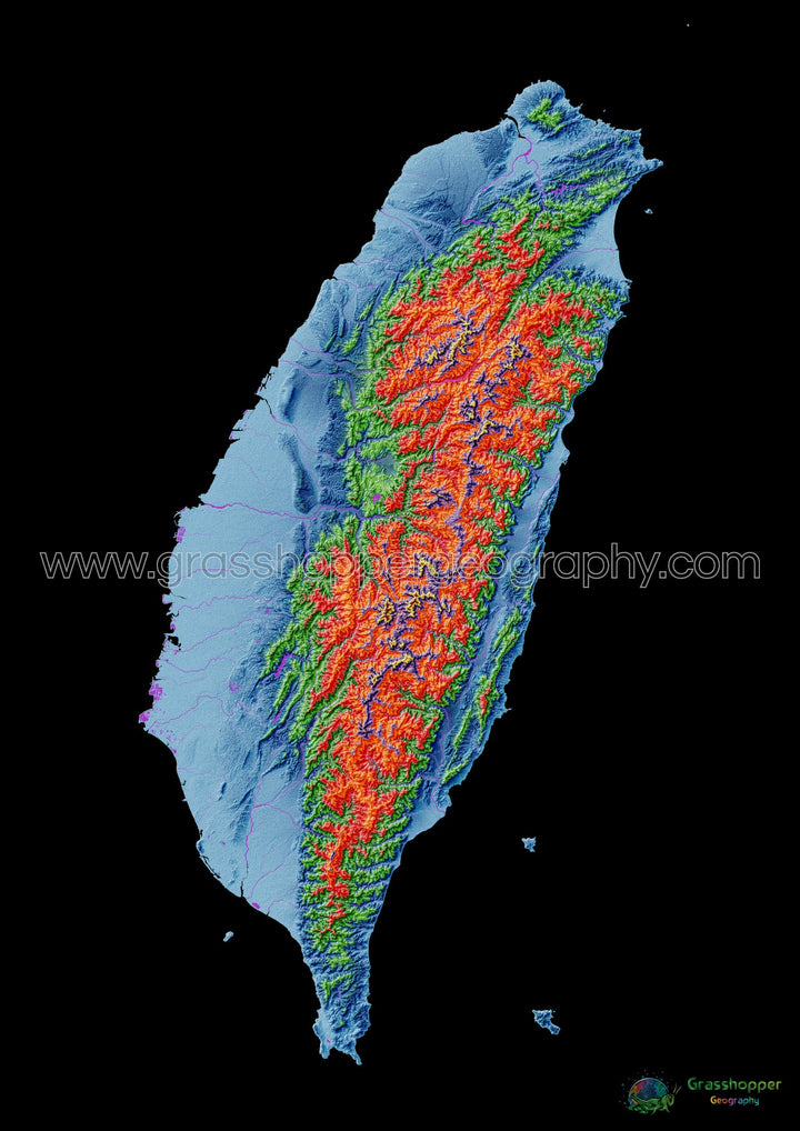Elevation map of Taiwan with black background - Fine Art Print