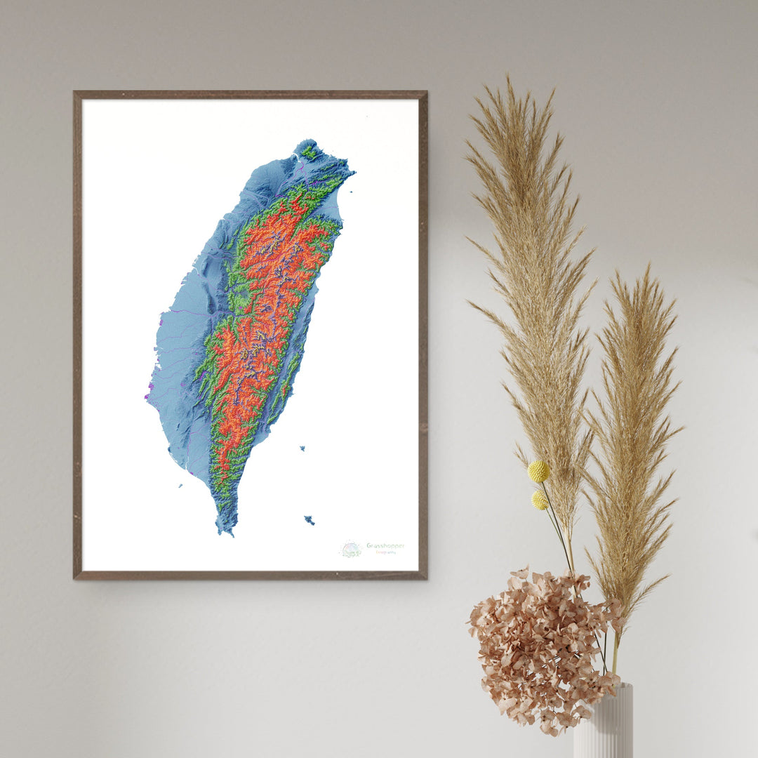 Elevation map of Taiwan with white background - Fine Art Print