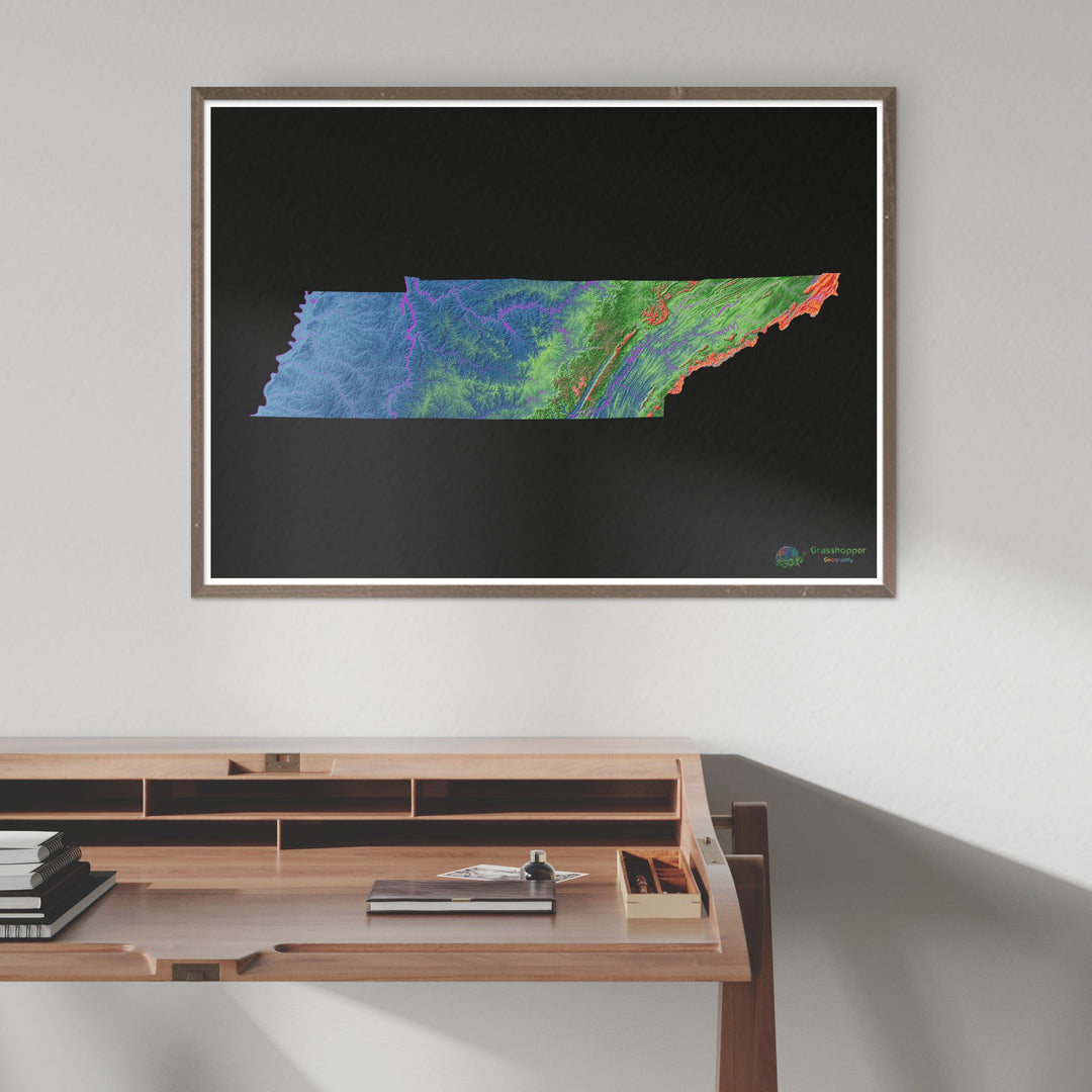 Elevation map of Tennessee with black background - Fine Art Print