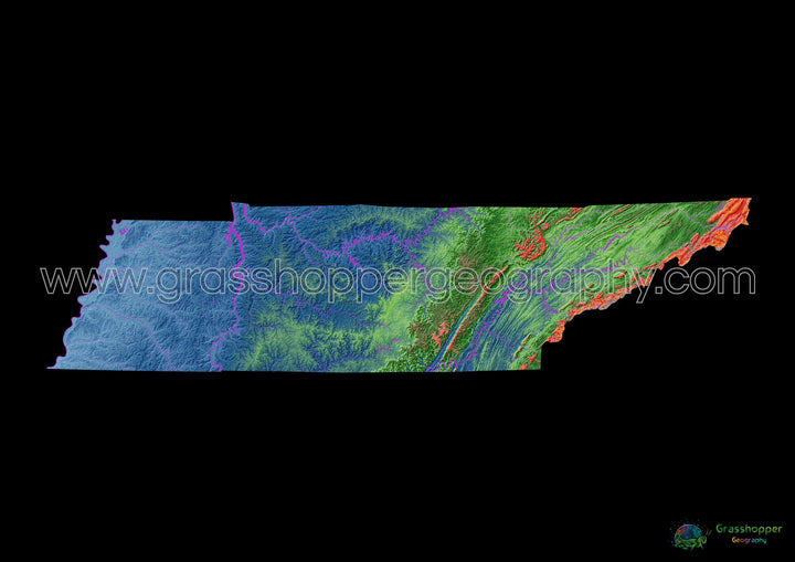 Elevation map of Tennessee with black background - Fine Art Print