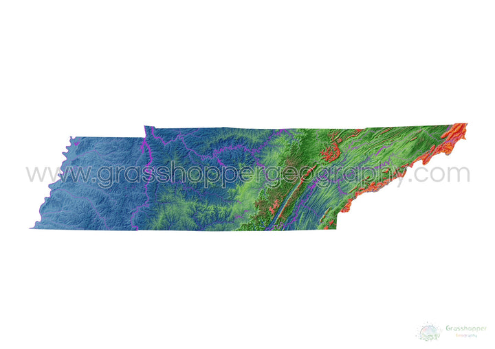 Elevation map of Tennessee with white background - Fine Art Print