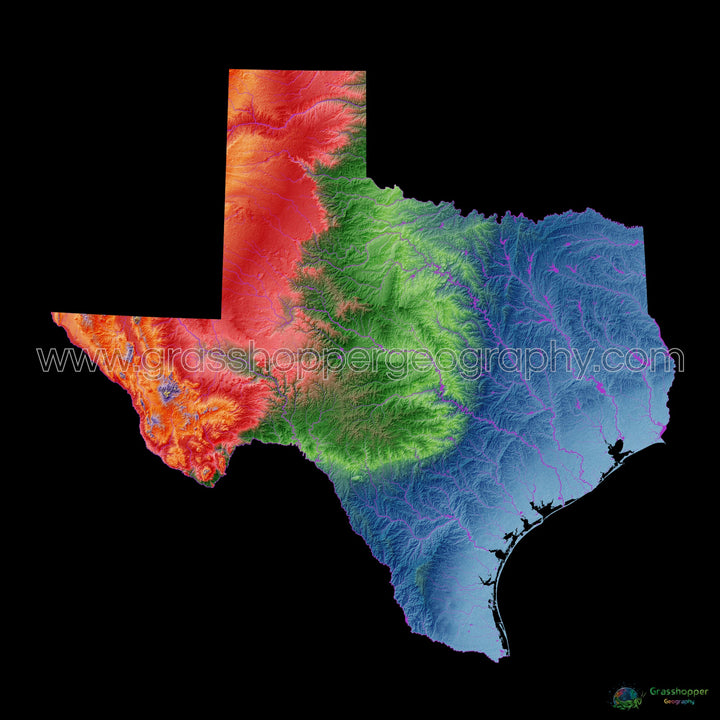 Elevation map of Texas with black background - Fine Art Print