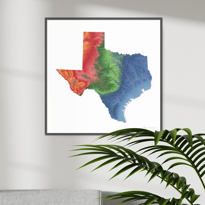 Texas - Mapa de elevación, blanco - Impresión de Bellas Artes