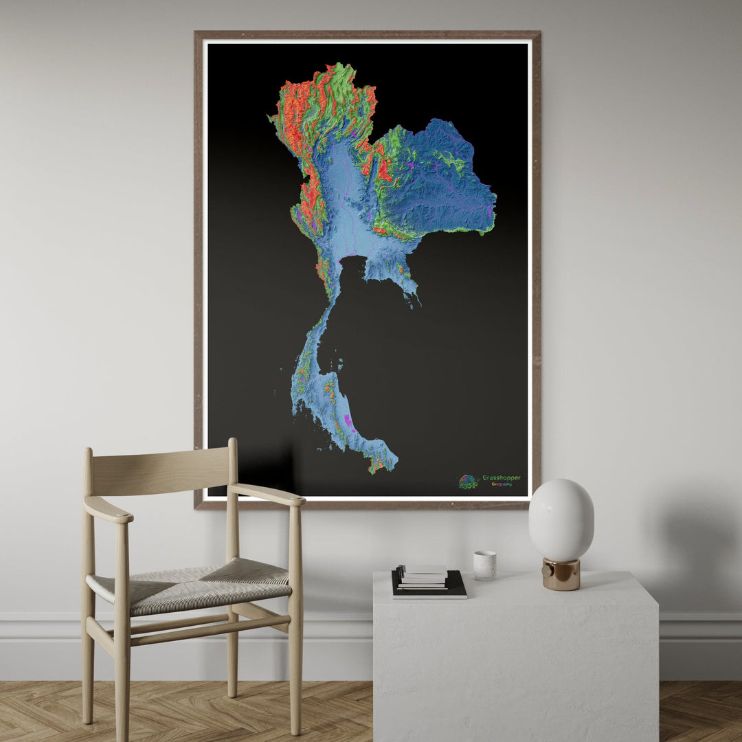 Tailandia - Mapa de elevación, negro - Impresión de Bellas Artes