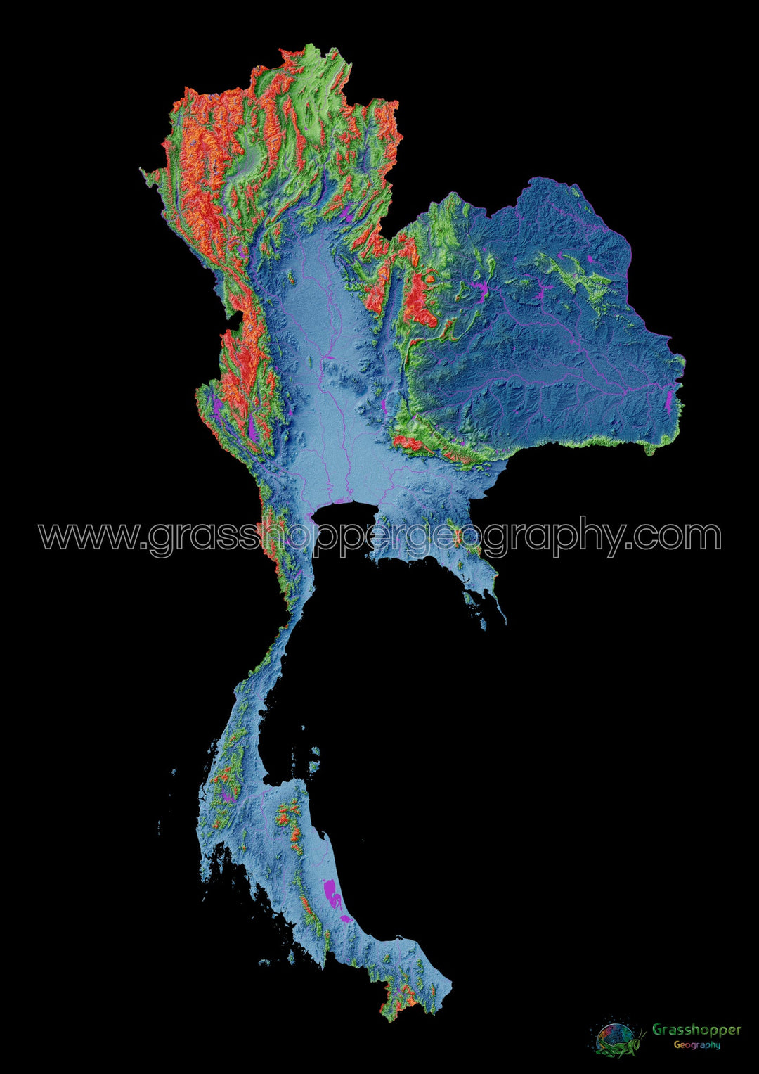 Tailandia - Mapa de elevación, negro - Impresión de Bellas Artes