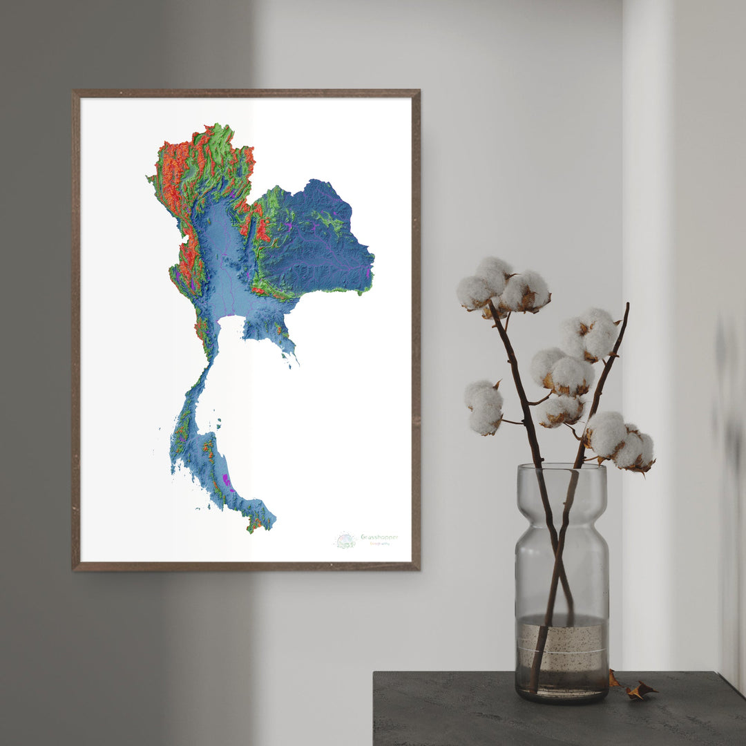 Elevation map of Thailand with white background - Fine Art Print