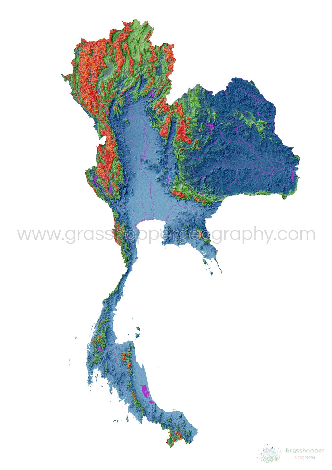 Elevation map of Thailand with white background - Fine Art Print